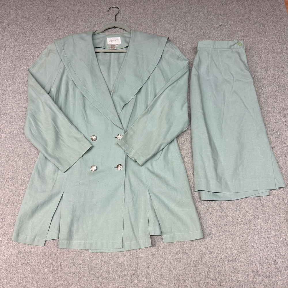 Apart Skirt Suit Set 16 Sage Green Linen Blend Double Breasted Vintage Blazer